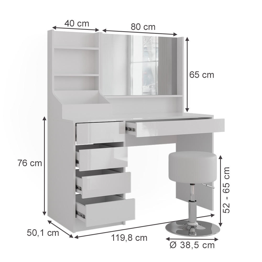 SCHMINKTISCH Sherry Weiß/Weiß Hochglanz 119.8 cm 4 Teile - Weiß Hochglanz, Holzwerkstoff (119.8/76/50.1cm) - Vicco