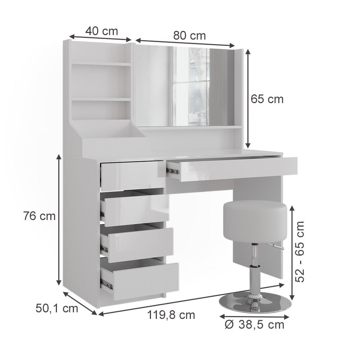 SCHMINKTISCH Sherry Weiß/Weiß Hochglanz 119.8 cm 4 Teile - Weiß Hochglanz, Holzwerkstoff (119.8/76/50.1cm) - Vicco