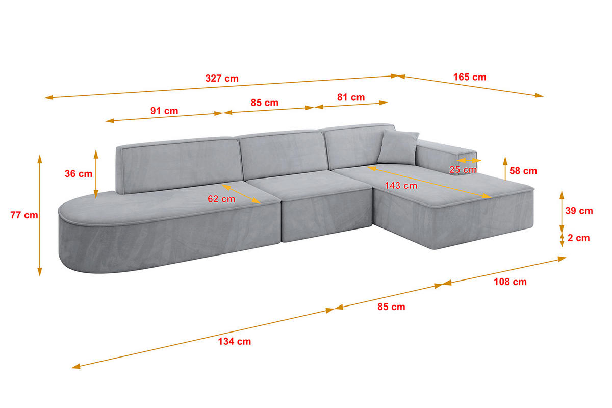 ECKSOFA Ottomane Rechts IREA-L2-v4 - 327x165x77 cm Grau - Titanfarben, Holzwerkstoff/Textil (327/165cm) - ALTDECOR