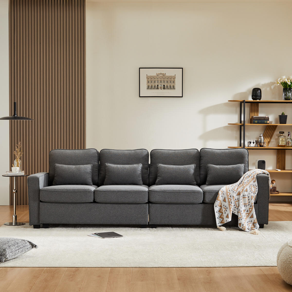 4-SITZER SOFA Leinen Dunkelgrau mit Armlehnentaschen und mit 4 Kissen - Dunkelgrau, Holzwerkstoff/Kunststoff (264/87/83cm) - WISHDOR