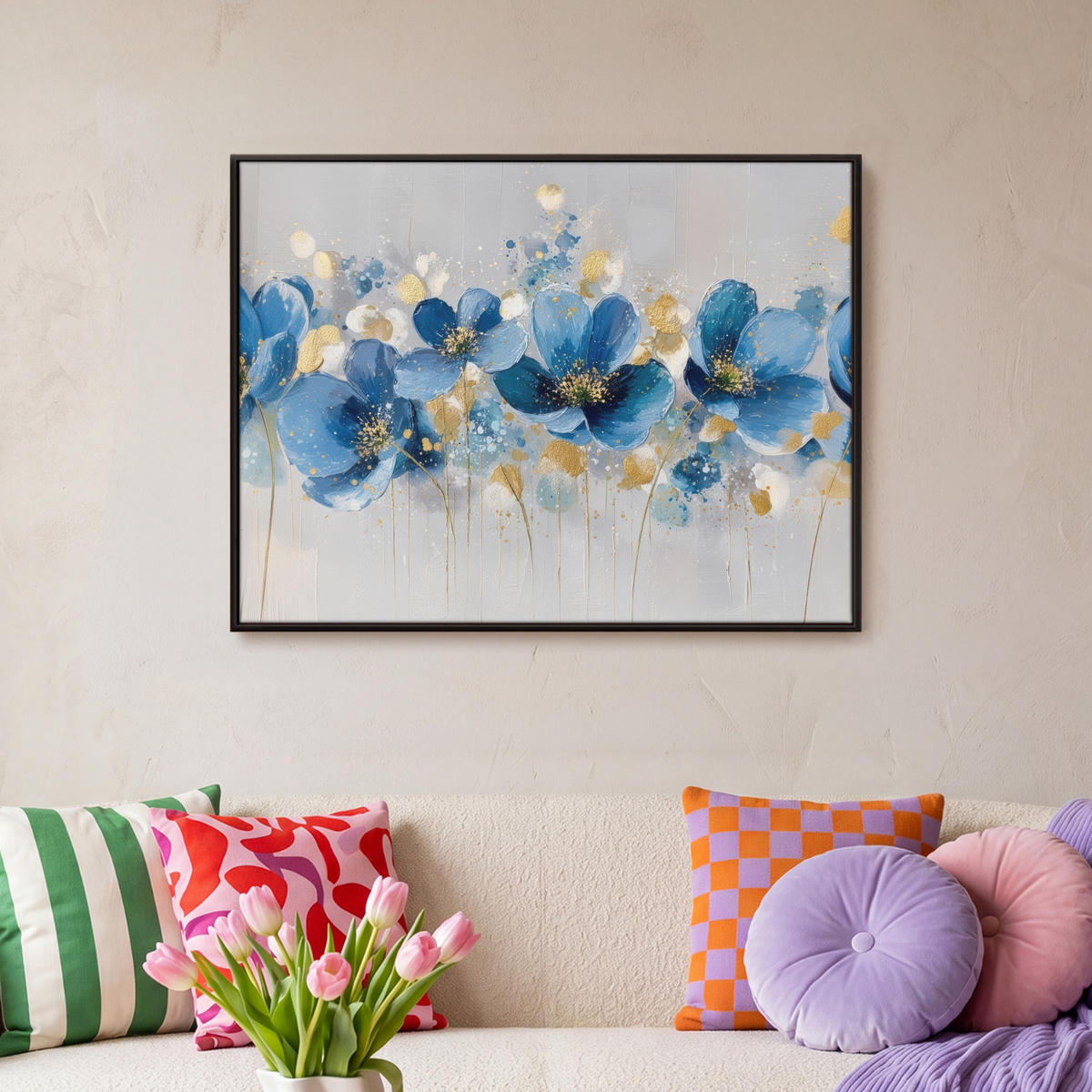 LEINWAND Bilder mit Rahmen - Blumen - Blau - Abstrakt - 80x60 - Hellgrau, Textil (80/60cm) - MuchoWow