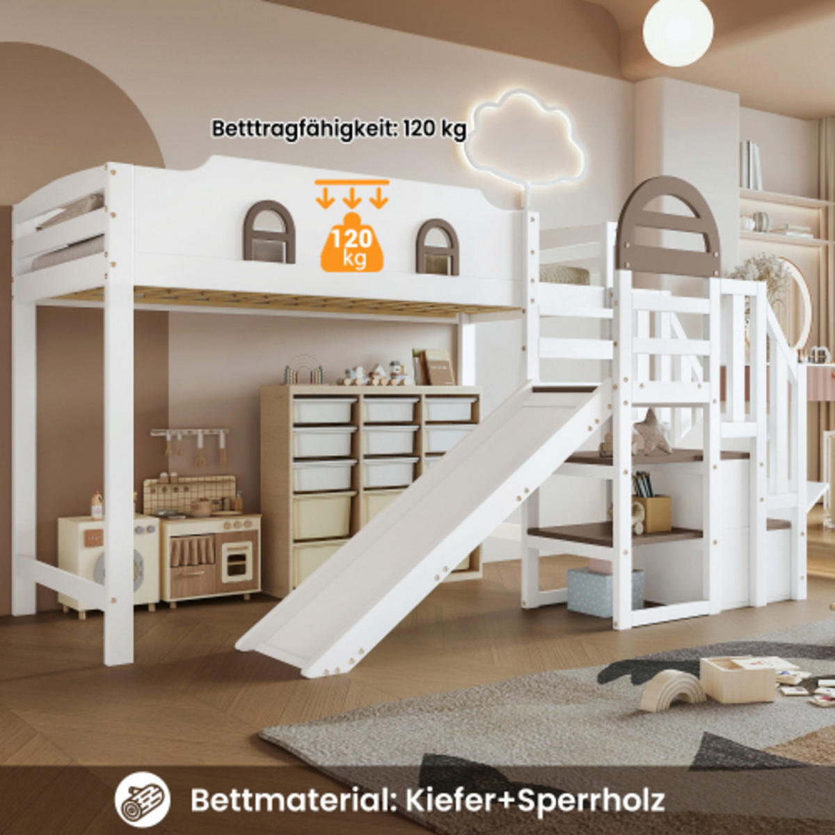 ETAGENBETT Kinderbett 90x200 mit Rutsche, Treppe und Fensterdesign, Hochbett mit Stauraum, Kiefer Holzgestell, weiß - Weiß, Holz (90/200cm) - Luhomfu