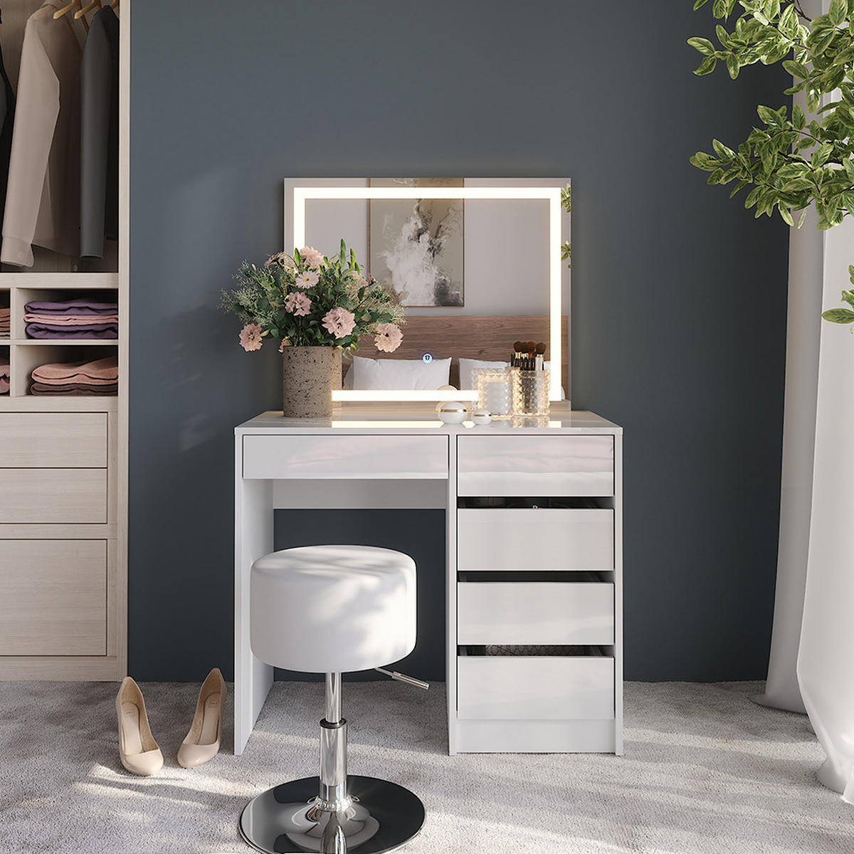 SCHMINKTISCH Sherry Weiß/Weiß Hochglanz 89.8 cm mit LED-Spiegel und Hocker - Weiß Hochglanz, Holzwerkstoff (89.8/76/50.1cm) - Vicco