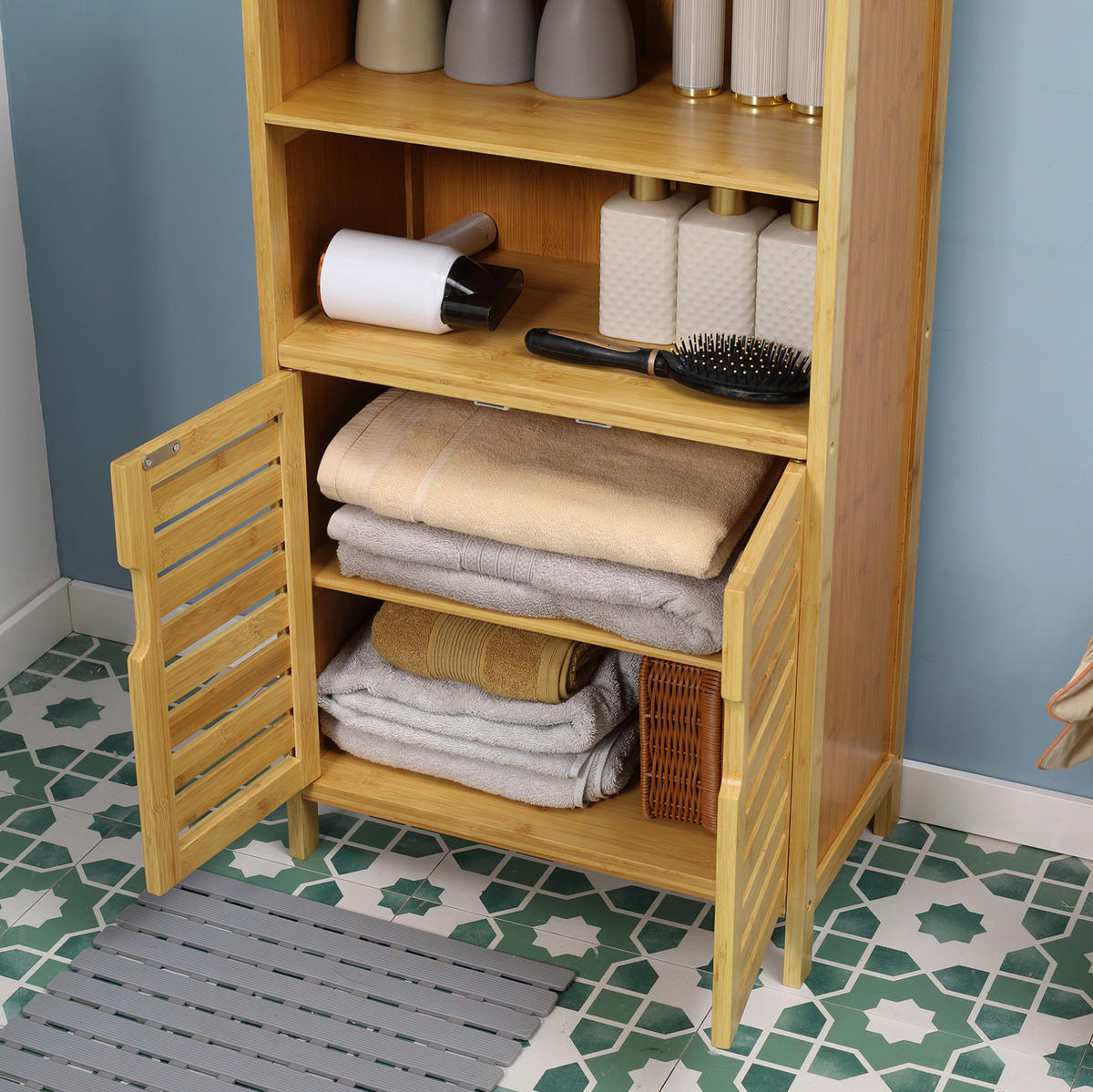 BADEZIMMERSCHRANK 50x29x92 cm Natur aus Bambus mit Doppelschrank & Lamellentür - Naturfarben, Naturmaterialien (50/92/29cm) - Modfu