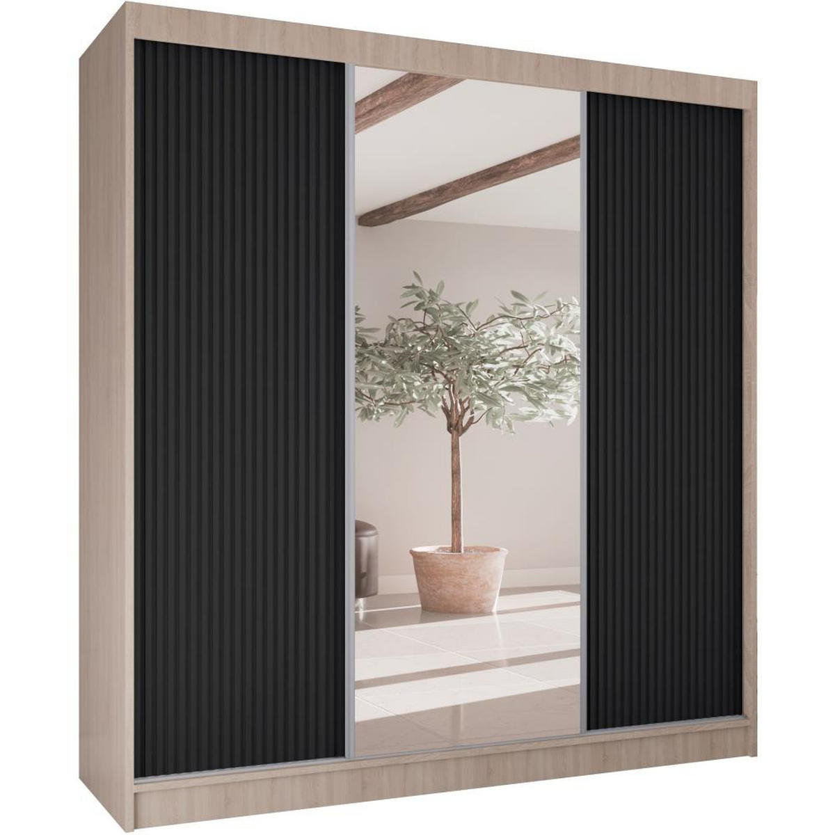 SCHWEBETÜRENSCHRANK Ramos II 200/61/215 eiche sonoma+schwarz - Schwarz/Sonoma Eiche, Holzwerkstoff (200/215/61cm) - Beautysofa