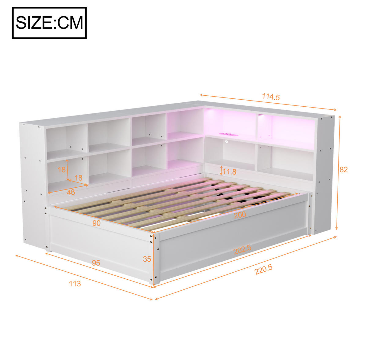 BETT 90/200 cm mit Kopfteil, Stauraum und LED-Leiste in Weiß - Weiß, Holz (90/200cm) - BEAOK