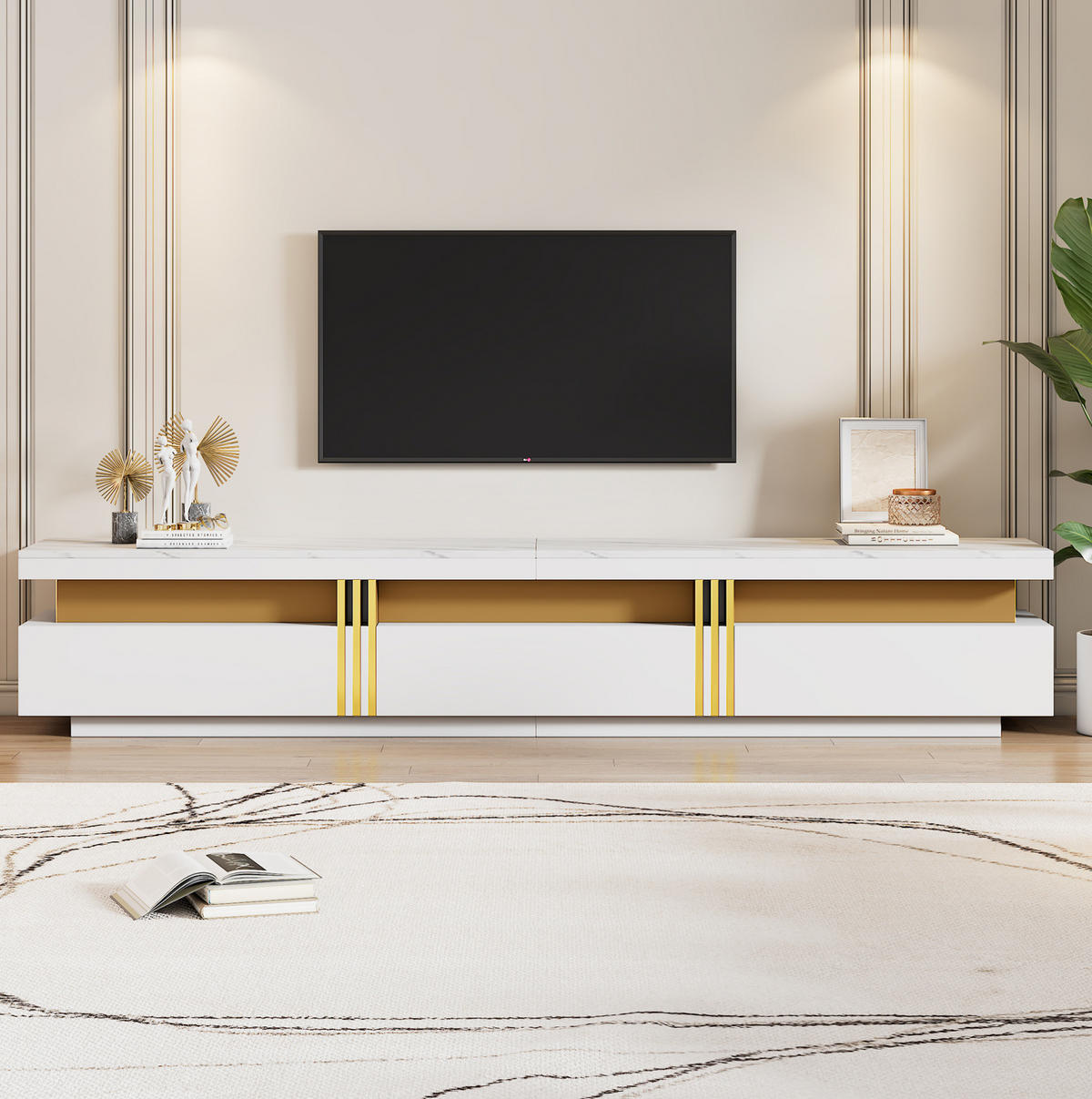 TV-ELEMENT 200/40/42 cm mit 3 Schubladen in Weiß mit Marmor-Optik - Weiß, Holzwerkstoff (200/42/40cm) - BEAOK