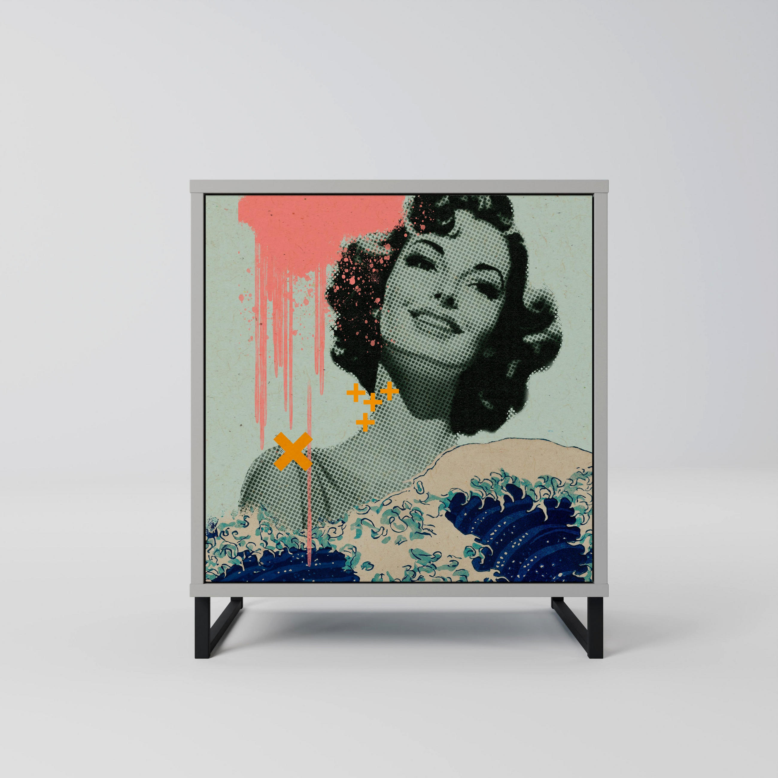 SIDEBOARD KANAGAWA BEAUTY, Grau, 57,5x42x67,5 cm, Schwarze Metall-Rahmenfüße - Multicolor/Schwarz, Holzwerkstoff/Metall (57.5/67.5/42cm) - SpaceRebels