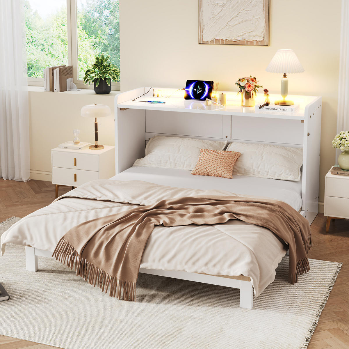 SKLÁPĚCÍ postel 140/200 cm bílá z MDF s LED osvětlením USB a zásuvkou - bílá, kompozitní dřevo (140/200cm) - OKWISH
