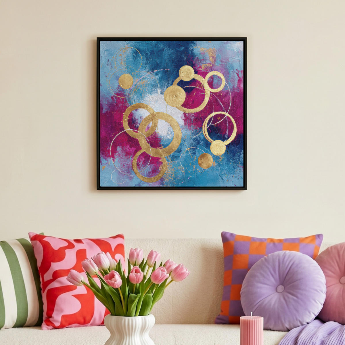 LEINWAND Bilder mit Rahmen - Kreise - Gold - Abstrakt - 50x50 - Blau, Textil (50/50cm) - MuchoWow