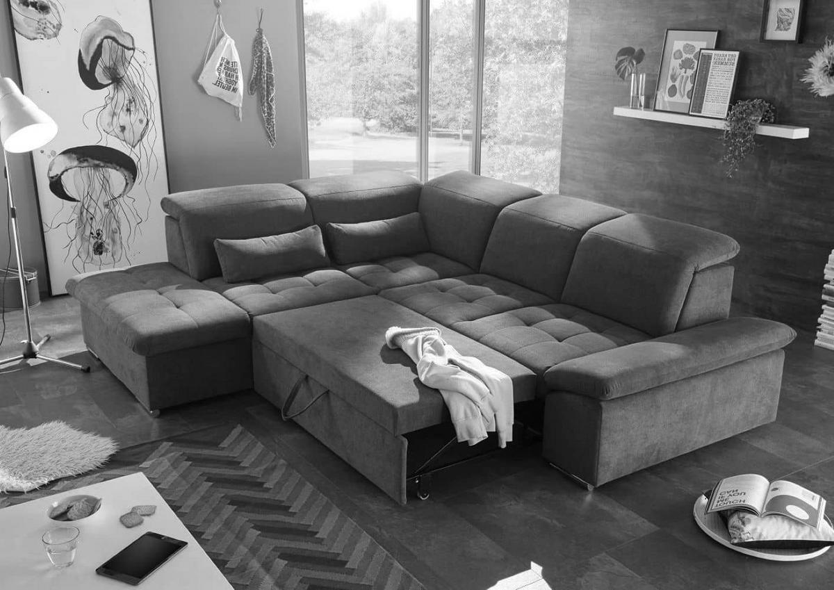 ECKSOFA mit Schlaffunktion mit Bettkasten und verstellbaren Kopf- und Rückenlehnen - Chromfarben/Blau, Textil (240/276cm) - ed exciting design