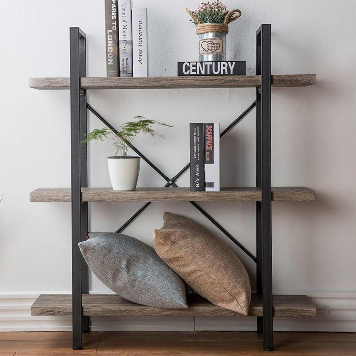 BÜCHERREGAL mit 3 Etagen Grau Metall Holzoptik - Grau, Holzwerkstoff (32.3/101.6/89.9cm)