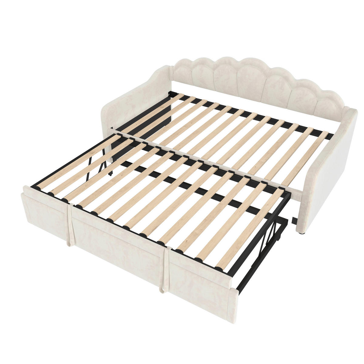 TAGESBETT aus Samt 90x200 cm Beige mit ausziehbarem Rollbett, LED-Beleuchtung und Liegefläche 180x200 cm - Beige, Textil (90/200cm) - IVMEU