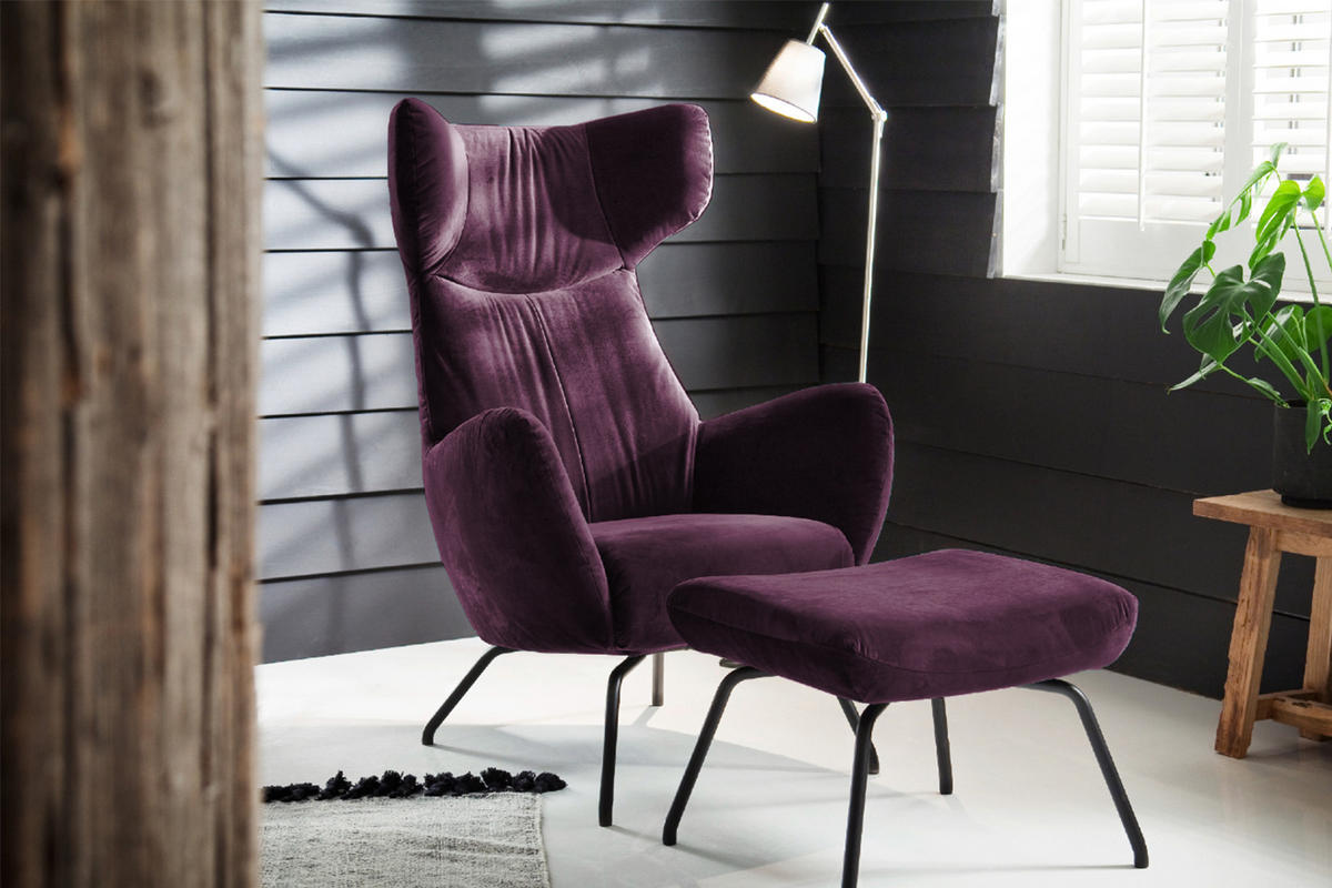 SESSEL MIT HOCKER LOTTE Violett Velvet - Violett/Schwarz, Textil (79/117/82cm) - KAWOLA