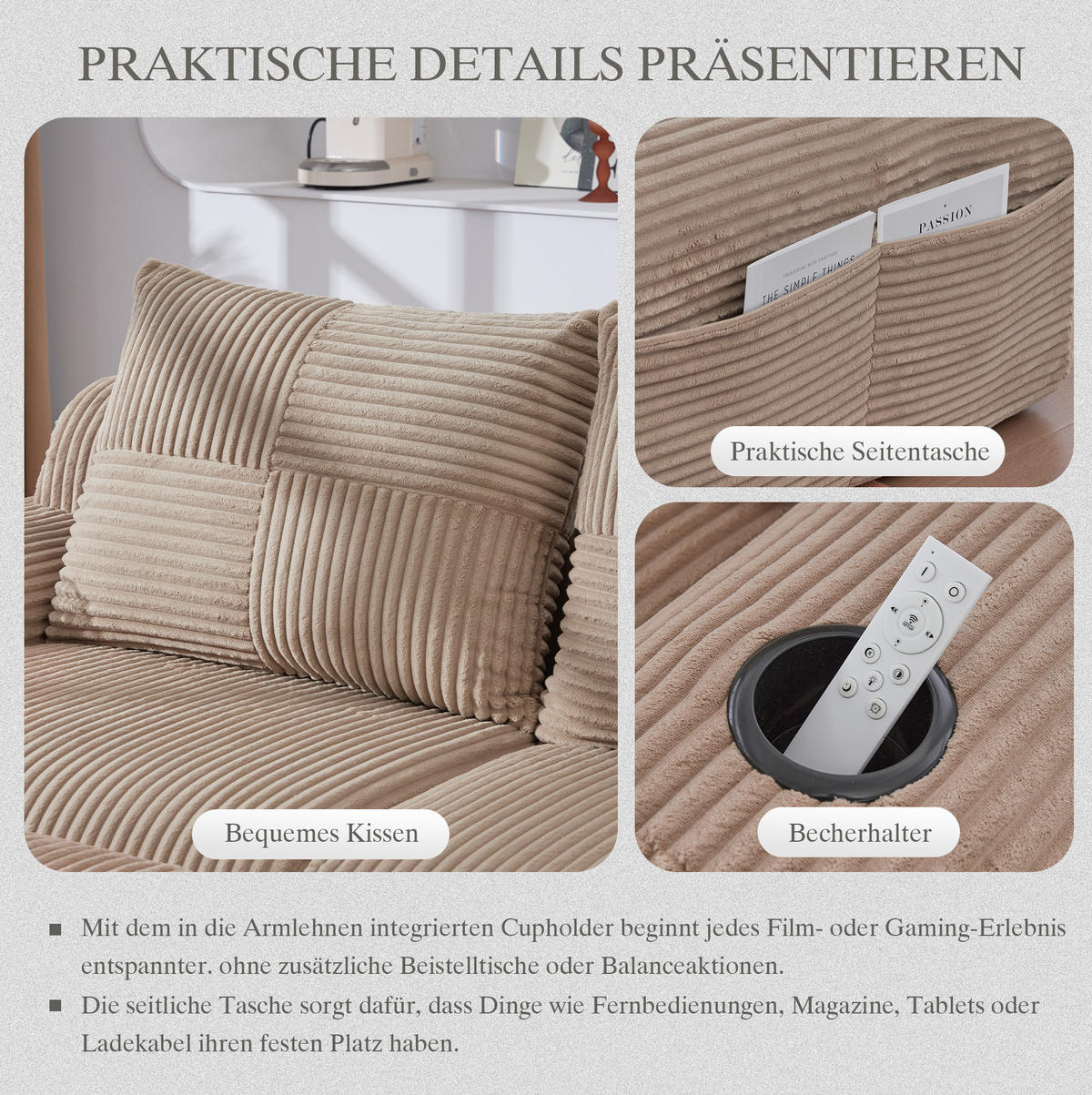MODULARES 3-Sitzer Sofa Cordstoff mit Hocker Getränkehalter und Seitentasche 268/174/80 cm Sandfarben - Sandfarben, Textil (174/268cm) - Redom