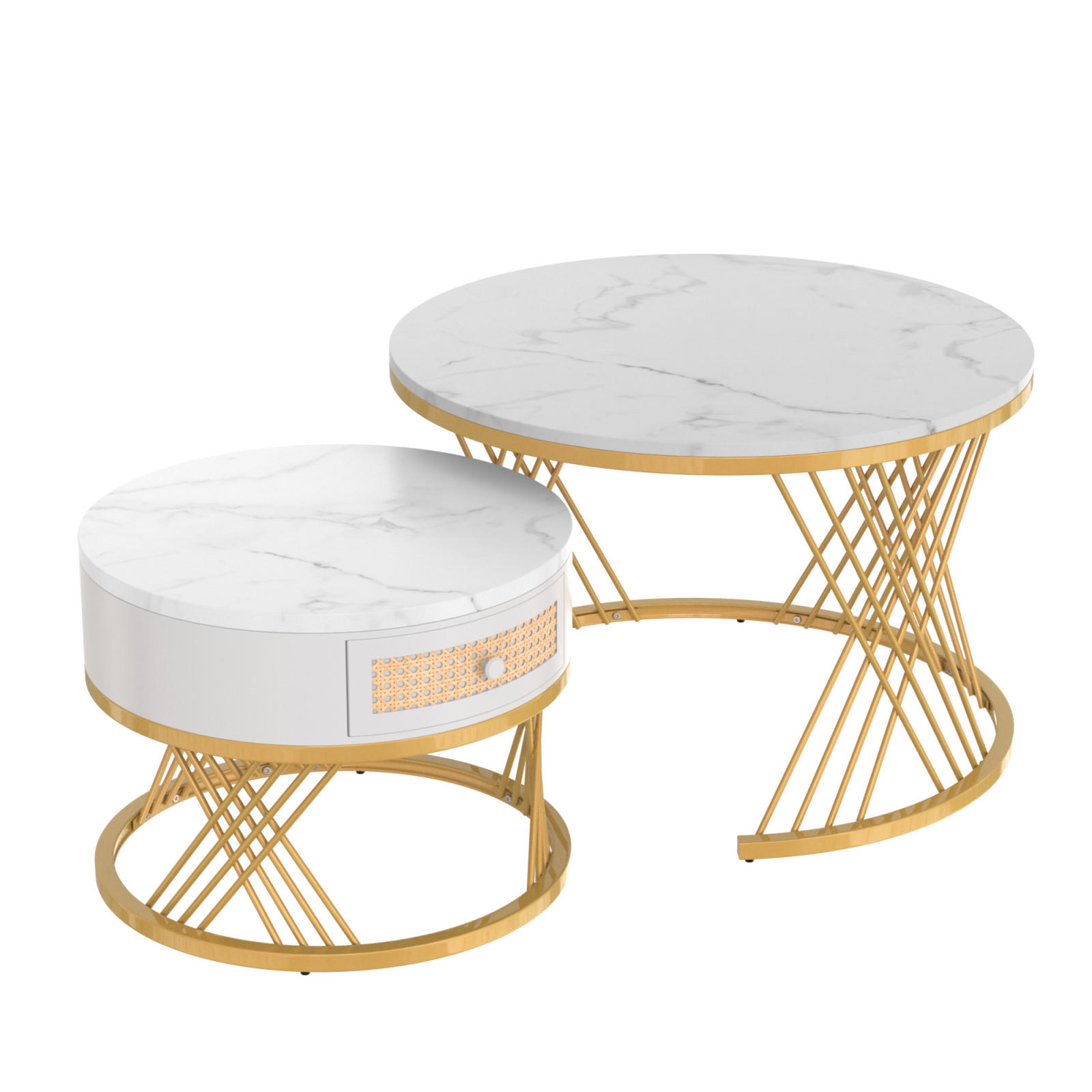 COUCHTISCH-SET Weiß Gold mit Rattan-Schublade - Weiß, Metall (70/70/45cm)