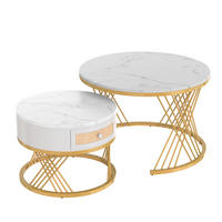 COUCHTISCH-SET Weiß Gold mit Rattan-Schublade - Weiß, Metall (70/70/45cm)