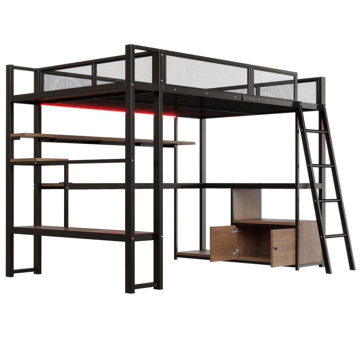 METALL-HOCHBETT aus MDF und Metall 140x200 cm Schwarz mit Arbeitsplatz, LED-Beleuchtung und Stauraum - Schwarz, Holzwerkstoff (140/200cm) - Modfu