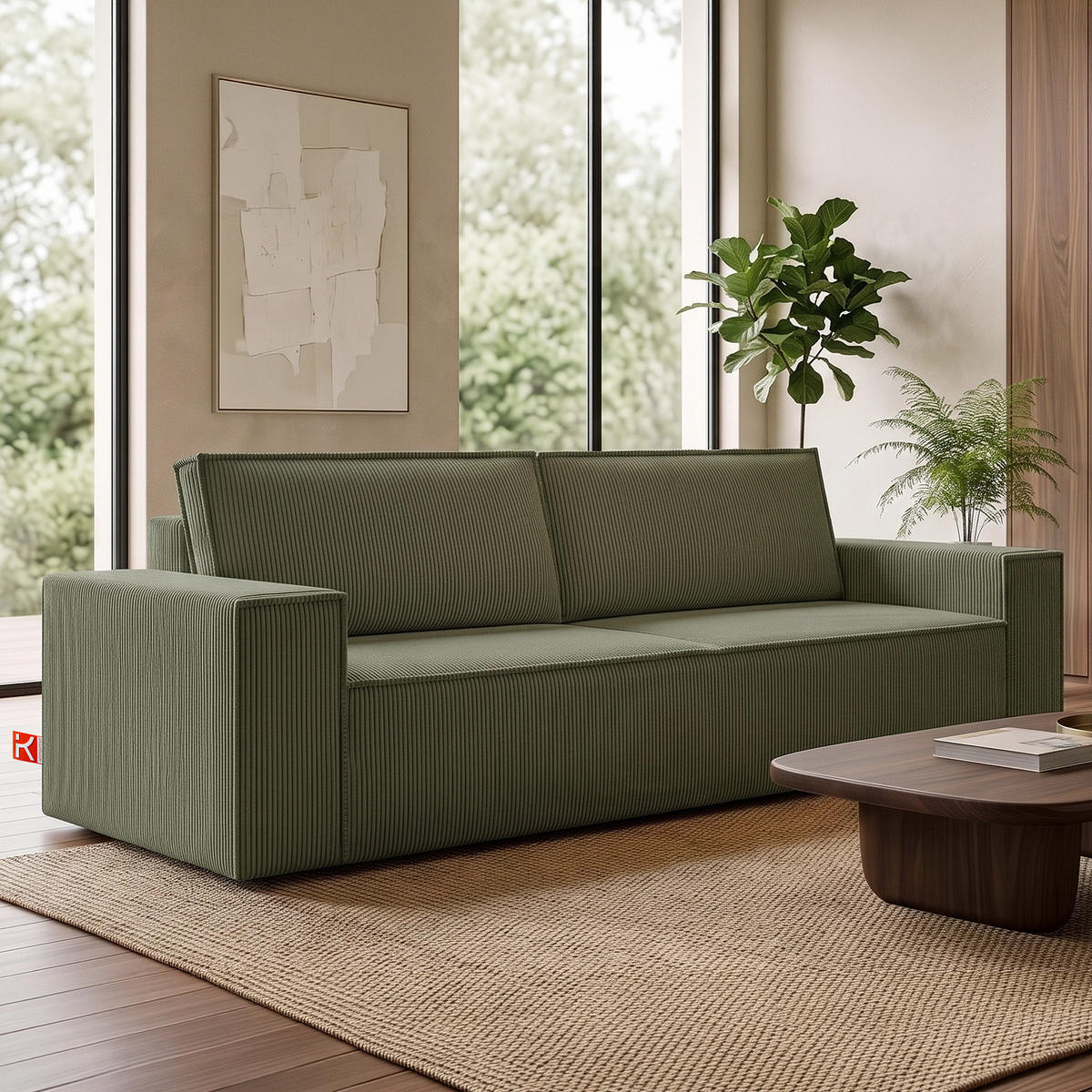 3-SITZER-SCHLAFSOFA NAPI in Pet Friendly Cord-Stoff, Olivgrün - Schwarz/Olivgrün, Textil (244/89/101cm) - KONSIMO®
