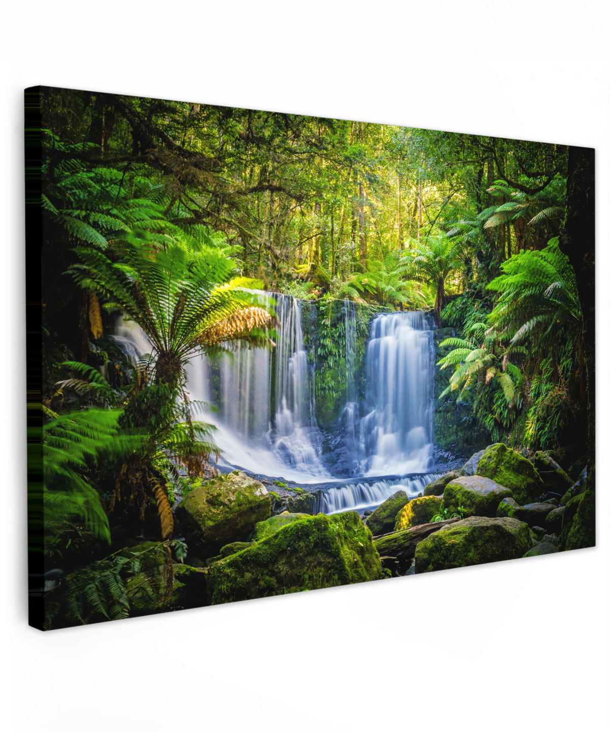 LEINWANDBILD Dschungel - Wasserfall - Australien - Pflanzen - Natur Wohnzimmer Groß 120x80 cm - Dunkelgrün, Textil (120/80cm) - MuchoWow