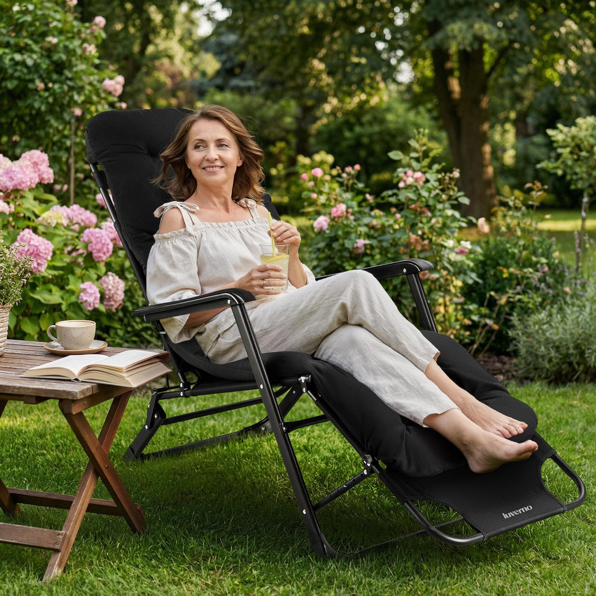 GARTEN-RELAXSESSEL mit Kissen, 180/52 cm, bis 120 kg - Schwarz, Metall (52/76/180cm) - Luverno