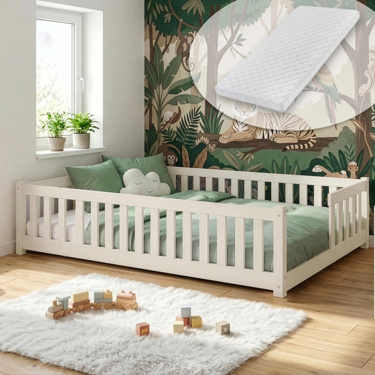 BODENBETT mit Matratze 140x200 cm in Baumwolle - Beige, Holz (140/200cm) - Kids Collective