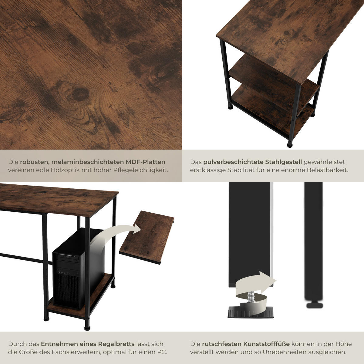 COMPUTER-SCHREIBTISCH Stoke,137 x 55 x 75 cm,Industrial Holz dunkel, rustikal - Rostfarben, Holz (137/55/75cm) - tectake