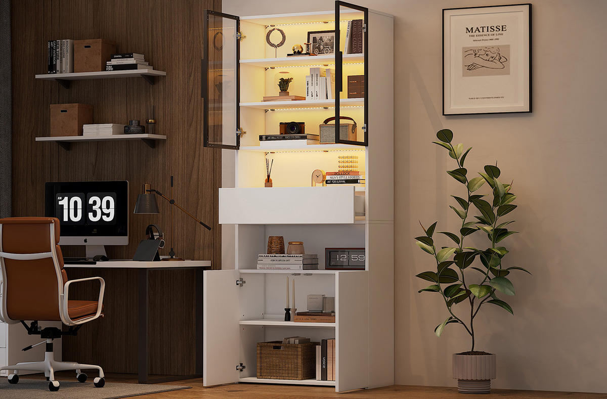 VITRINE 70/30/200 cm aus Spanplatte mit LED-Beleuchtung, Glastüren, Schublade und Unterschrank, Weiß - Weiß, Holzwerkstoff (70/200/30cm) - Redom