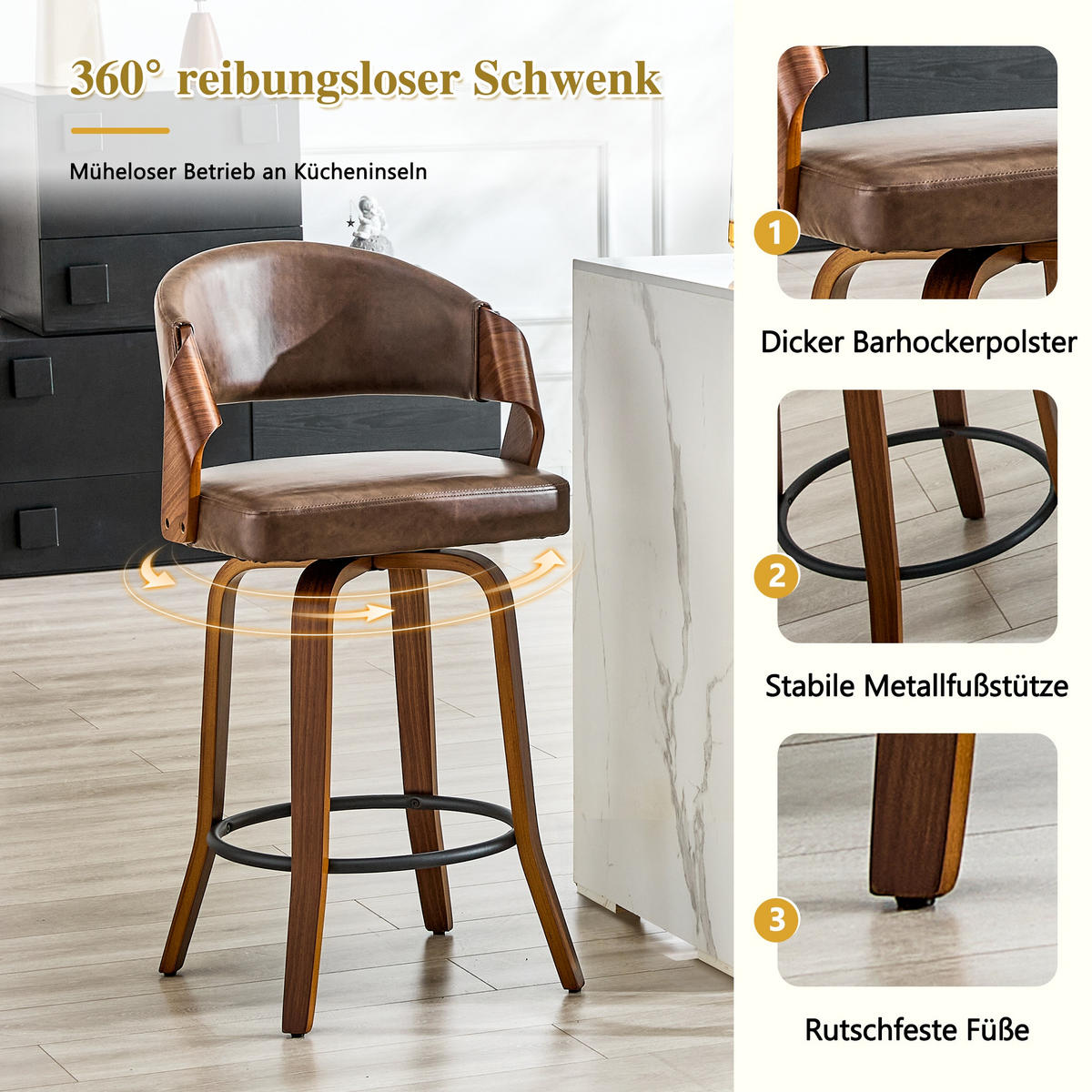 BARHOCKER 2er-Set Braun mit Rückenlehne und Holzgestell - Braun, Holz (51/95/42cm) - PANGIVO