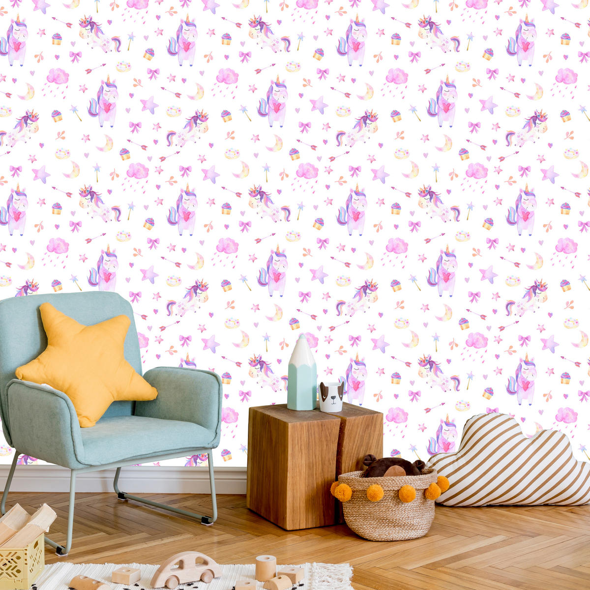 VLIESTAPETE Einhörner, Wolken und Sterne – Rosa, Lila, Weiß – 50x1000 cm - Lila/Rosa, Papier (50/1000cm) - Muralo