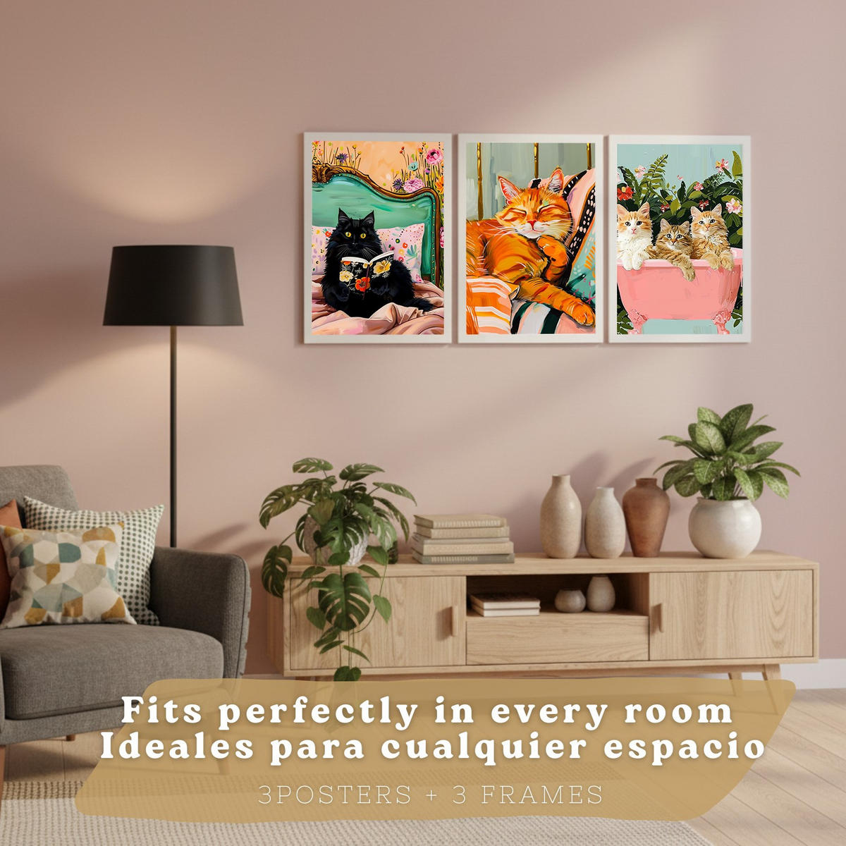 PLAKAT Sada tří dekorativních tisků nápadných koček. Fotografie moderního obývacího pokoje se zvířaty. Dekorace Koupelny Kuchyně A3 Bílý rám - bílá, papír (29.7/42/3cm) - Nacnic