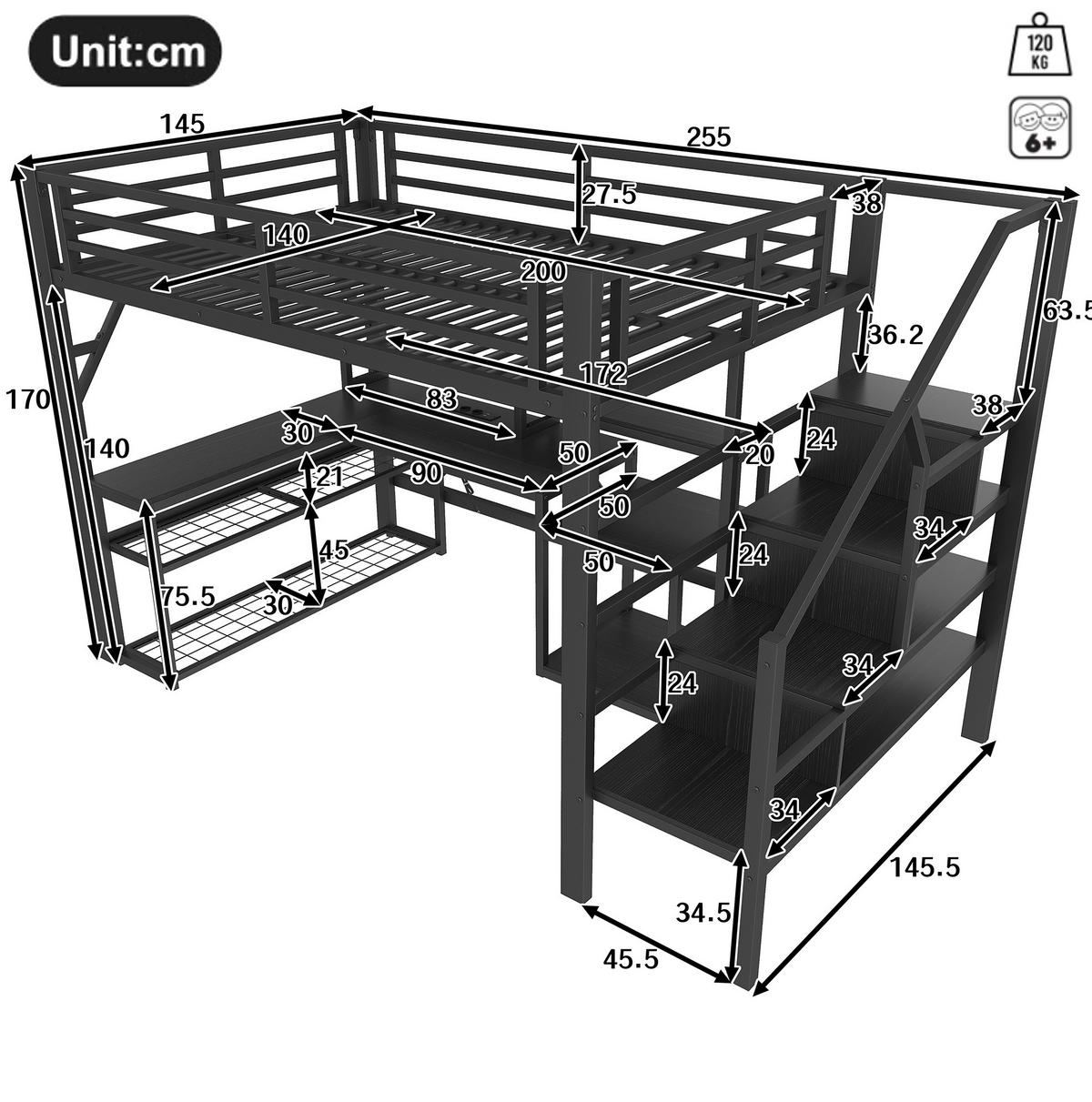 HOCHBETT aus Metall und MDF 140x200 cm Schwarz mit LED-Beleuchtung, USB-Anschluss, Schreibtisch und Stauraumtreppe - Schwarz, Metall (140/200cm) - Modfu