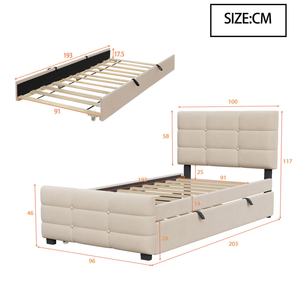 POLNJENA postelja iz oblazinjenega samta 90x190 cm bež z izvlečno posteljo, letvenim dnom in stabilno konstrukcijo - bež, tekstil (90/190cm) - Modfu