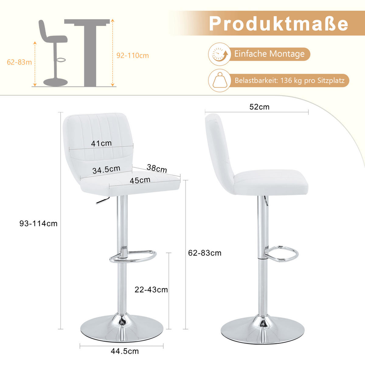 BARHOCKER höhenverstellbar mit Rückenlehne 62-83 cm Silver+White - Silberfarben, Metall (45/114/52cm) - Meubliv