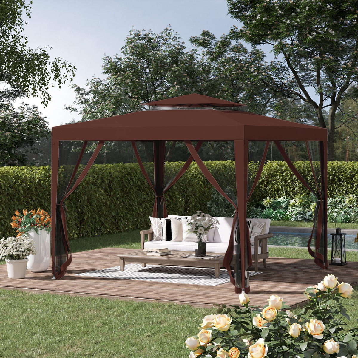 PAVILLON DE-12592 3x3 m mit Doppeldach und Moskitonetzen Braun - Braun, Textil (297/268/297cm) - ComfortXL