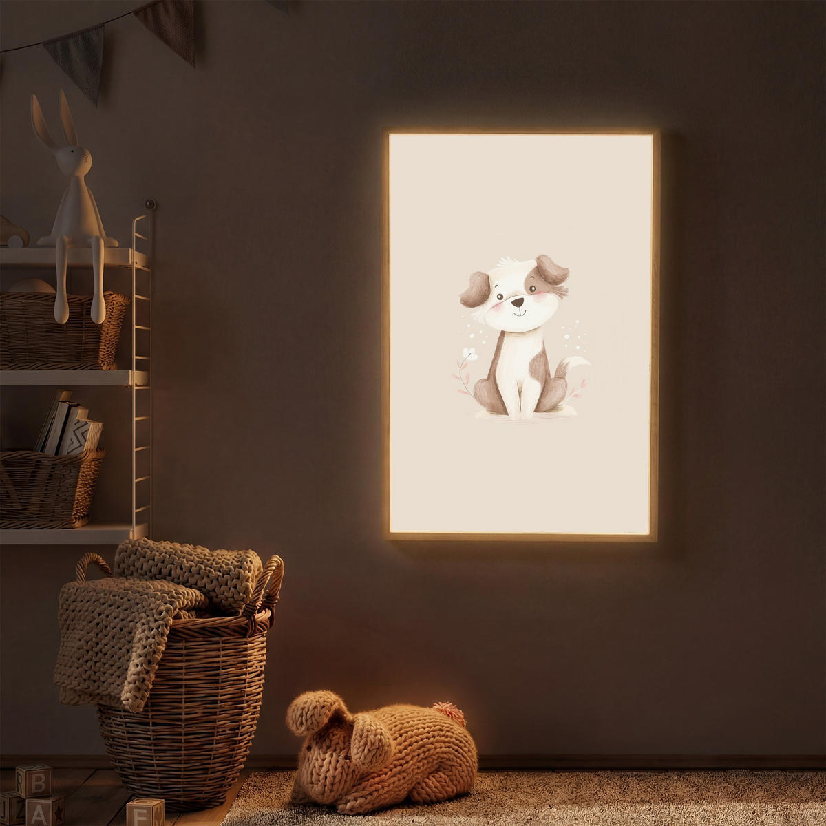 NÁSTĚNNÁ LAMPA S AKUMULÁTOREM Pes - skvrnitý - hnědý 60x90 cm - béžová, kompozitní dřevo (60/90/8cm) - OnlyWow