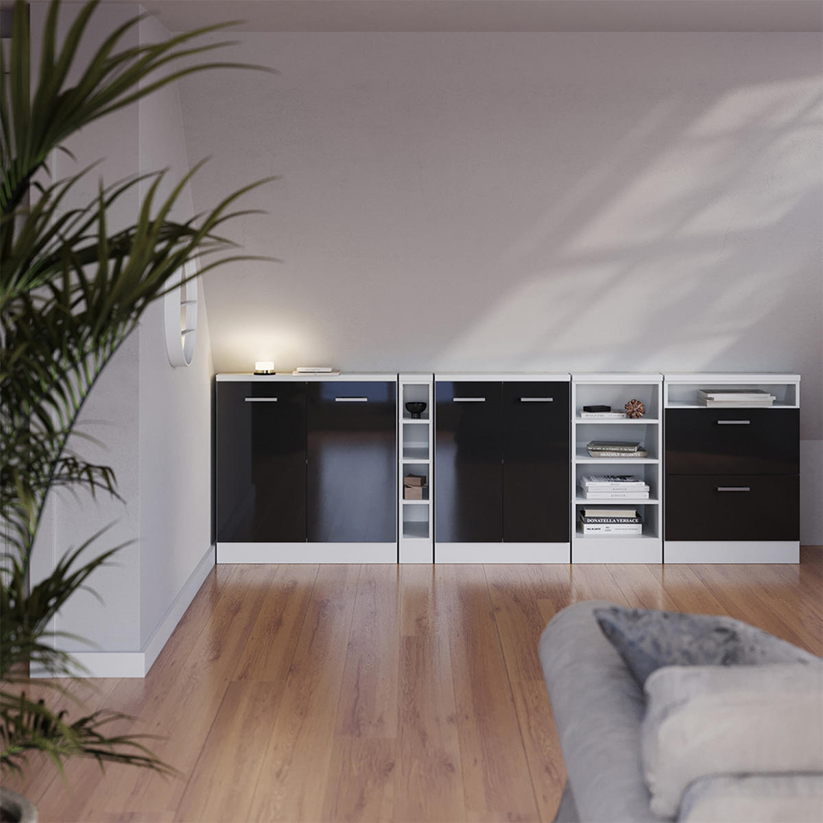 DACHSCHRÄGENSCHRANK-SET Rion Anthrazit Hochglanz 5er Set - Schwarz Hochglanz, Holzwerkstoff (210/81.6/46cm) - Vicco