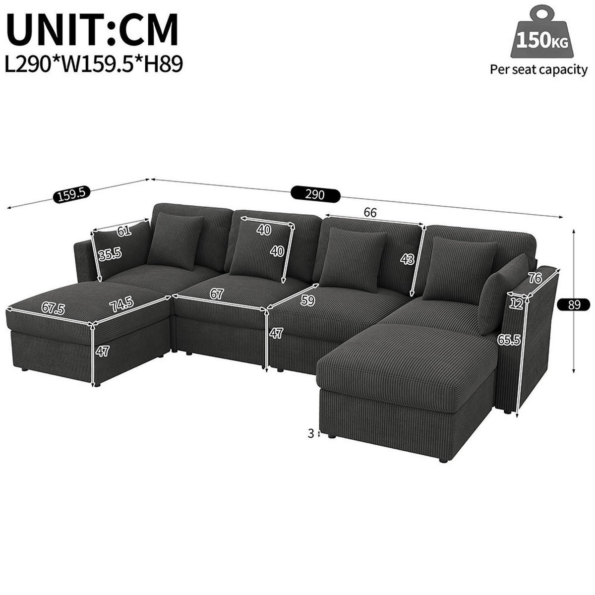 ECKSOFA,SECHSSITZER-SOFA mit verstellbaren Armlehnen in Grau - Grau, Textil (159.5/290cm) - KOMHTOM