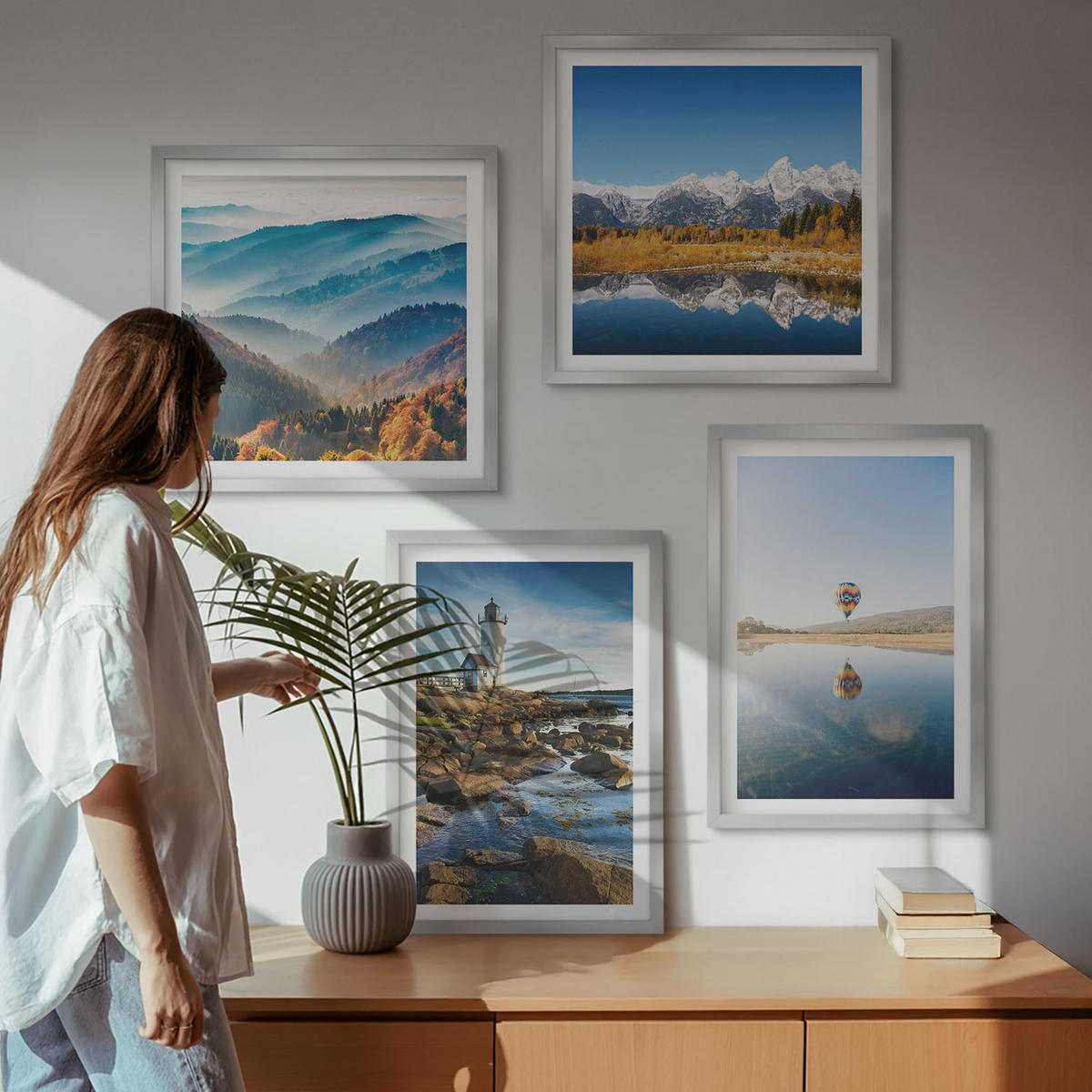 BILDER SET 4er Set - 50x50 cm & 40x60 cm Silberner Rahmen - Ausblicke auf die Natur, Leuchtturm, Berge - Silberfarben, Kunststoff (50/50cm) - TULUP