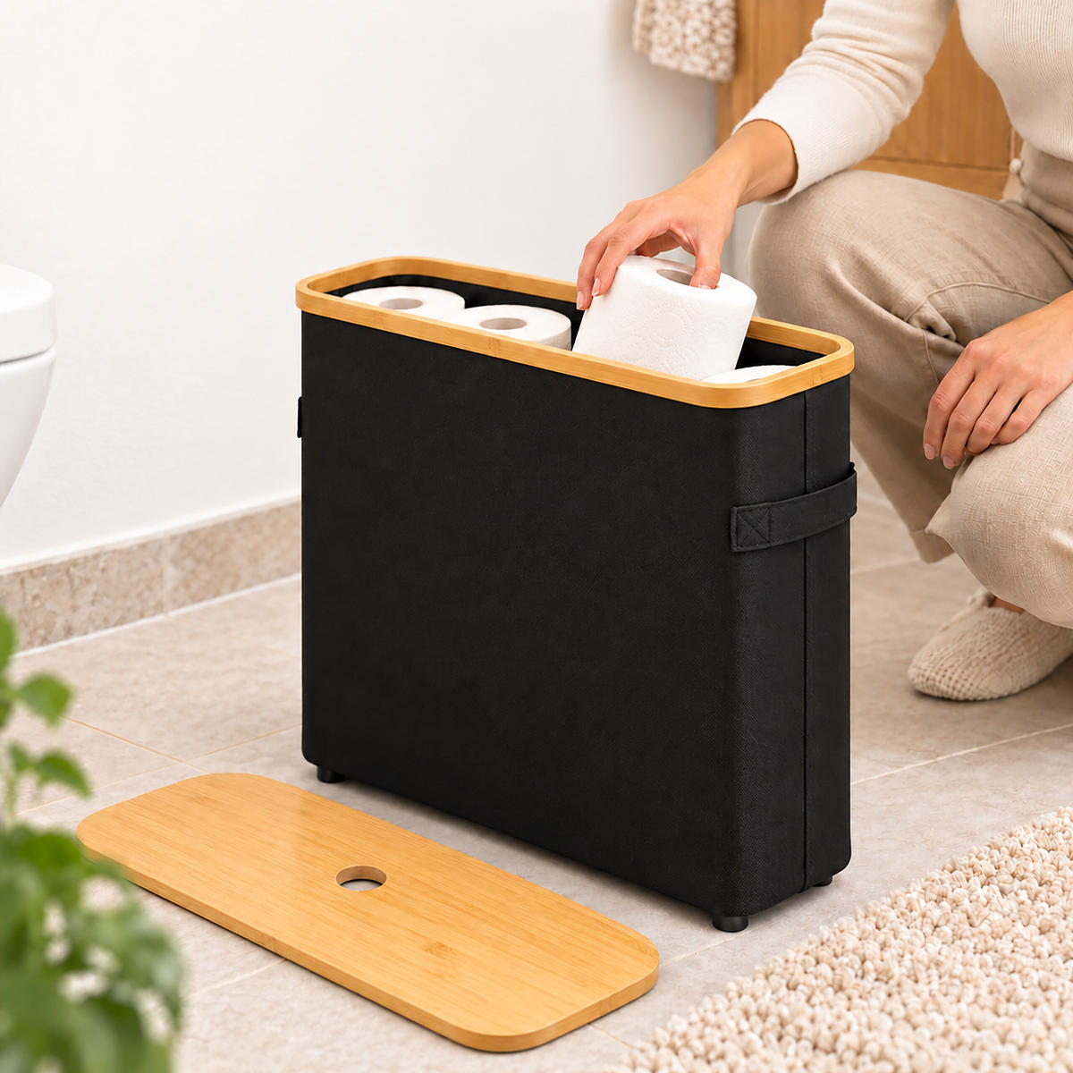 TOILETTENPAPIERBOX Schwarz Bambus 24 Rollen - Schwarz, Holz/Kunststoff (45/72/30cm) - Relaxdays