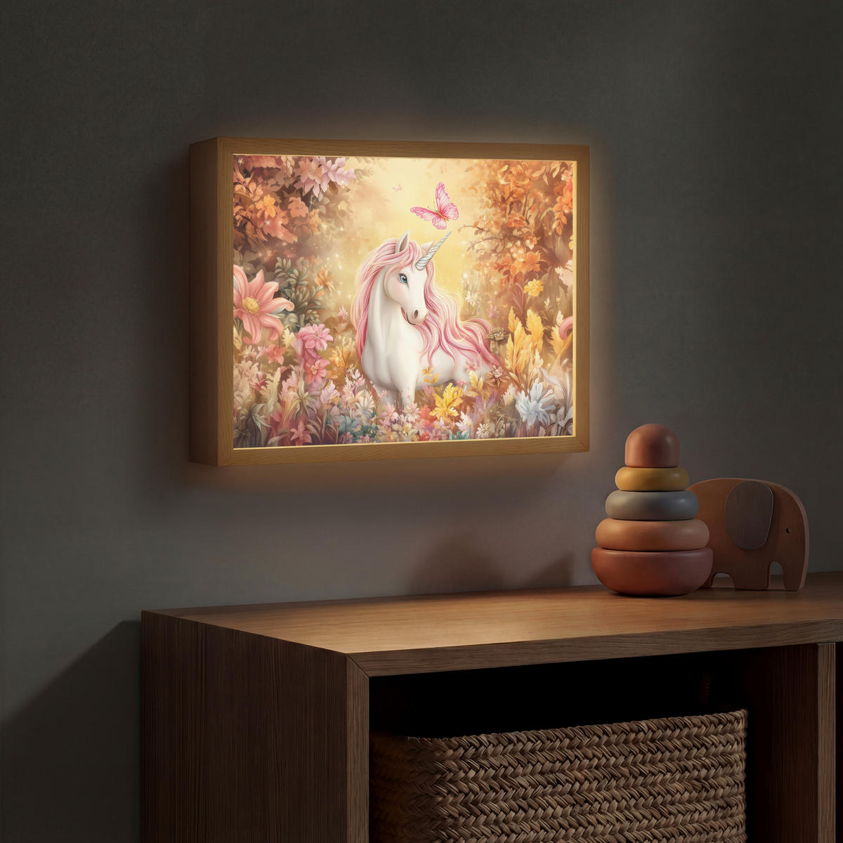 DOBÍJECÍ NOČNÍ LAMPIČKA Jednorožec - Květiny - Motýl - Růžová 40x30 cm - béžová, kompozitní dřevo (8/40/30cm) - OnlyWow