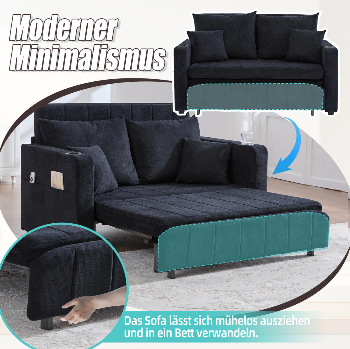 SCHLAFSOFA aus Chenille 139x83x73 cm in Schwarz mit Schlaffunktion - Schwarz, Textil (139/83/73cm) - Modfu