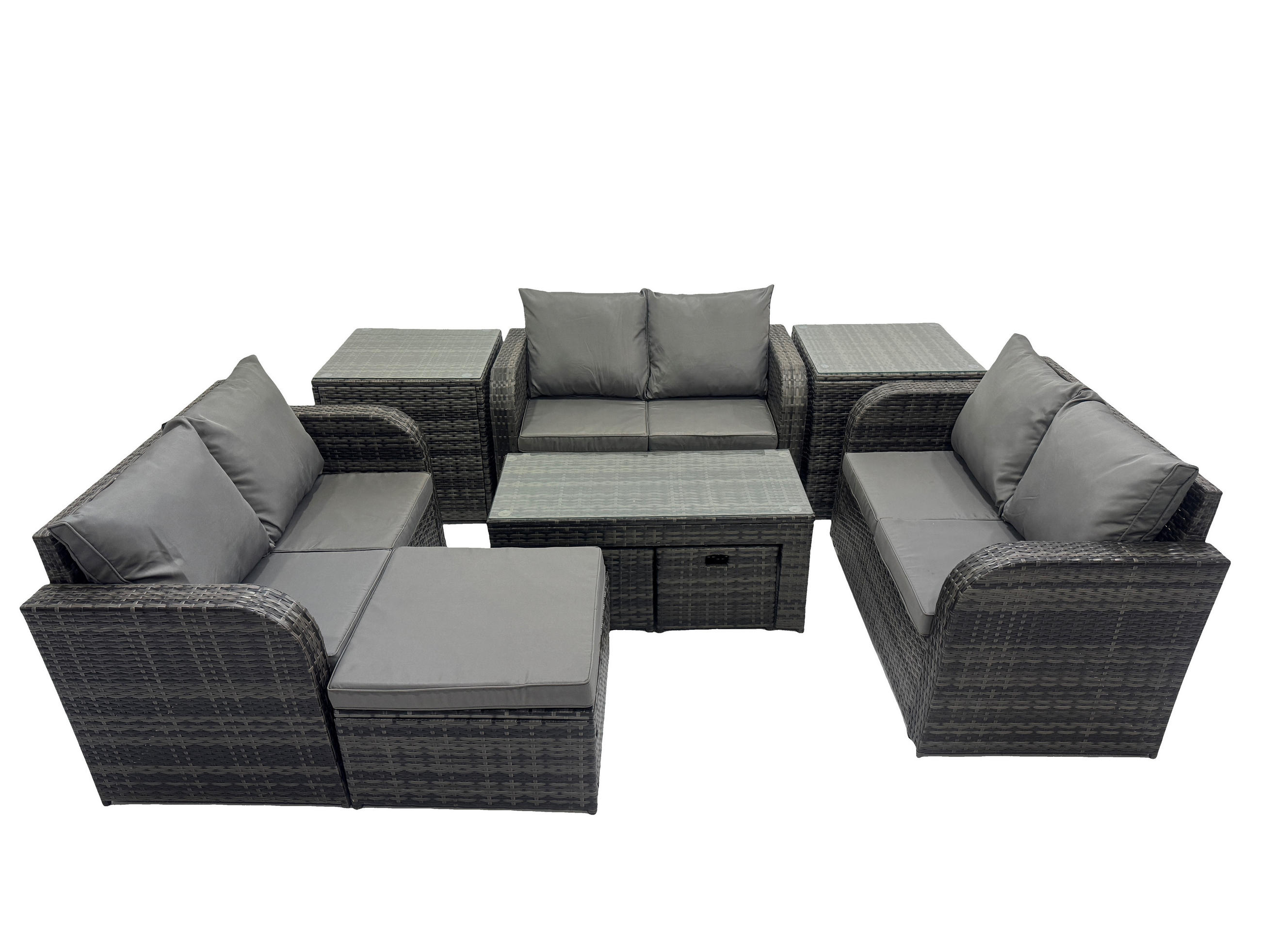 GARTENSOFA SET mit rechteckigem COUCHTISCH Polyrattan 9-Sitzer Dunkelgrau - Dunkelgrau/Grau, Glas/Kunststoff - Fimous