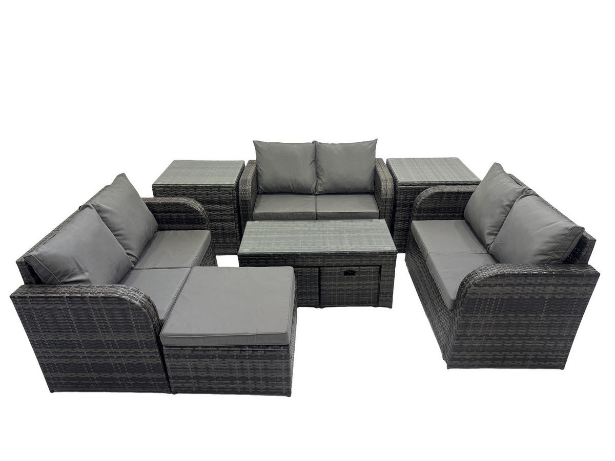 GARTENSOFA SET mit rechteckigem COUCHTISCH Polyrattan 9-Sitzer Dunkelgrau - Dunkelgrau/Grau, Glas/Kunststoff - Fimous