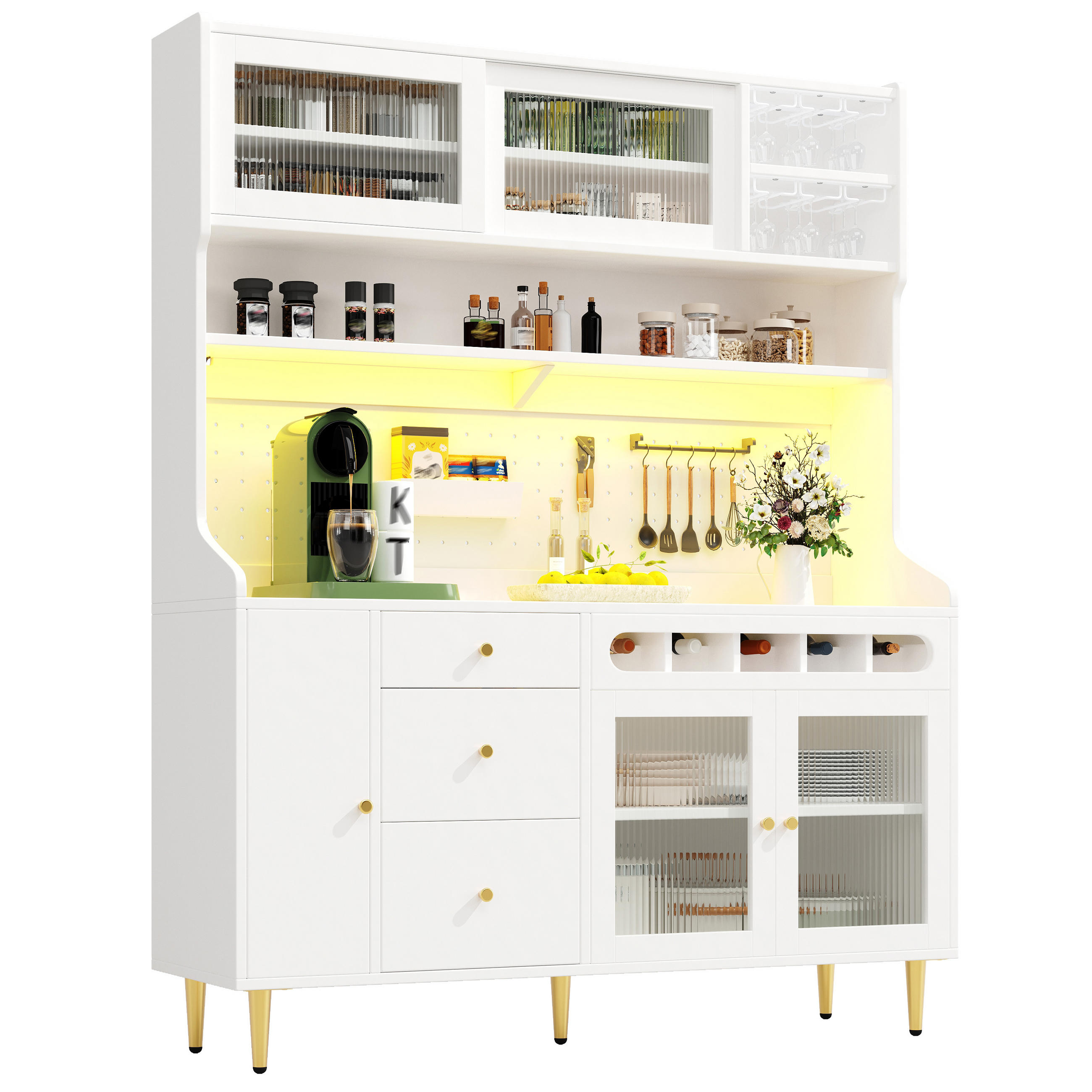 KÜCHENSCHRANK in Weiß mit LED, verstellbaren Böden, Schublade und Weinregal für Esszimmer,B145/T39/H171cm - Goldfarben/Weiß, Glas/Holzwerkstoff (145/171/39cm) - STILVORA