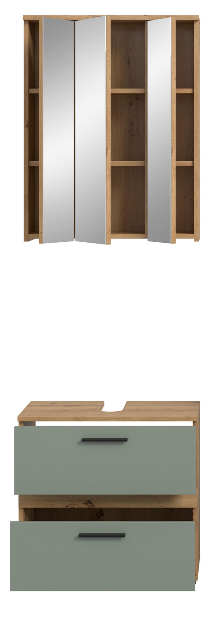 BADMÖBEL-SET Salbei grün, Eiche Artisan 60 cm 2-teilig, moderne Badeinrichtung - Salbeigrün/Schwarz, Glas/Holzwerkstoff (60/191/34cm) - Inn.Furn