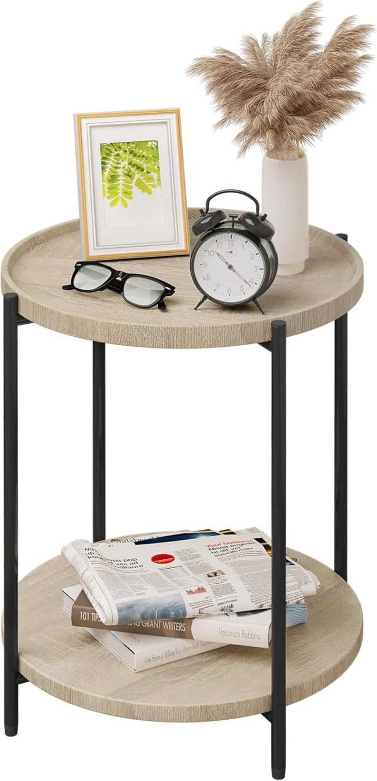COUCHTISCH rund, mit 2 Ablagen, Helle Eiche - Eichefarben/Schwarz, Holzwerkstoff/Metall (43/43/51cm) - Woltu