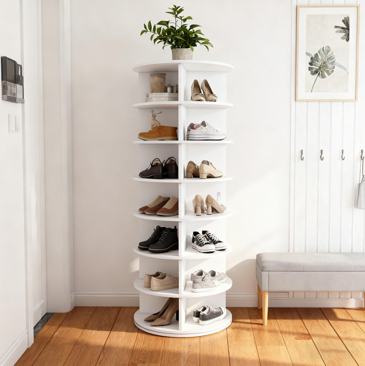 SCHUHREGAL aus PVC 60x60x161 cm Weiß mit 360° Drehfunktion und 7 Ebenen für bis zu 28 Paar Schuhe - Weiß, Kunststoff (60/161/60cm) - Modfu