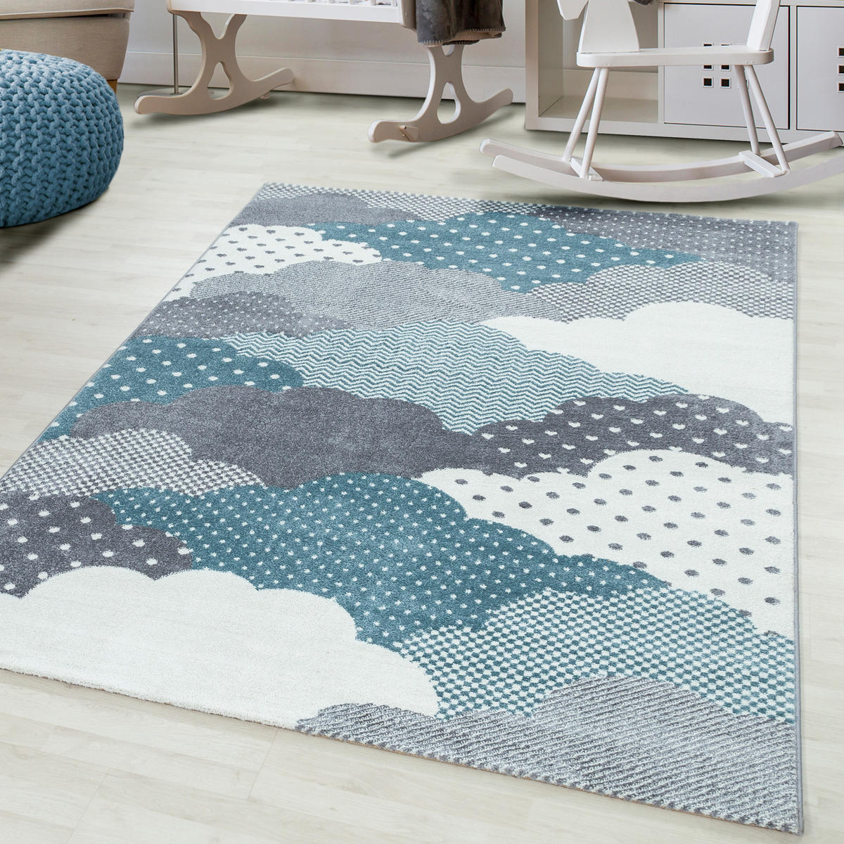 TEPPICH Kinder Kurzflor Wolken Polypropylen Kinderzimmer Blau Läufer 80x150 - Blau, Textil (80/150cm) - KADIMA DESIGN