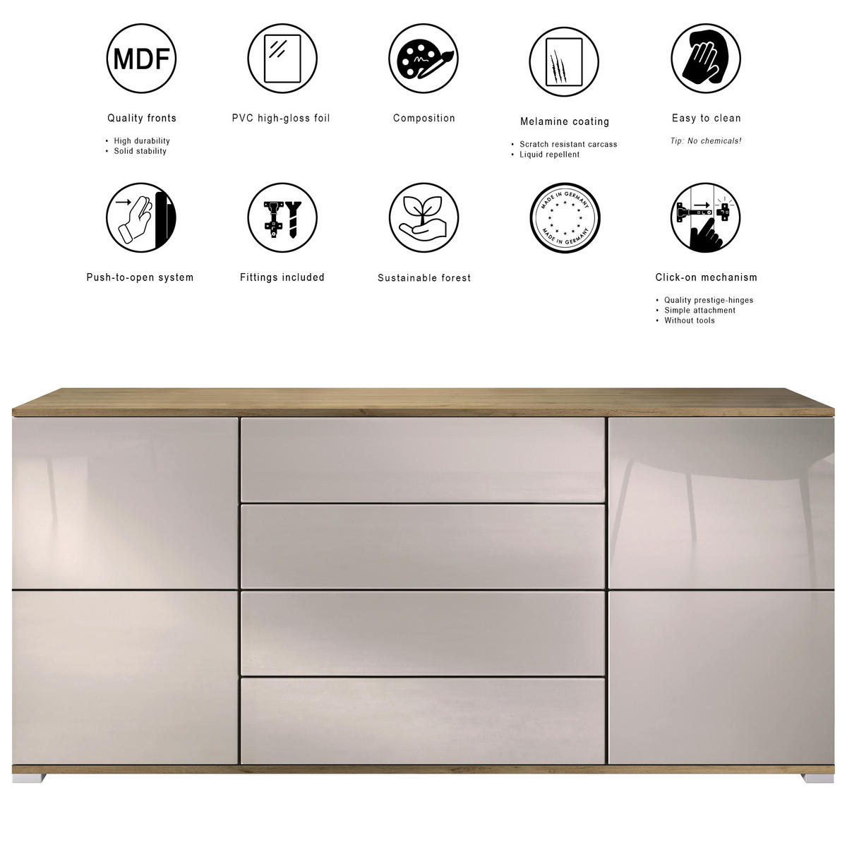 SIDEBOARD Rova Beton Oxid Optik - Hellgrau, Holzwerkstoff (166.5/75.5/35cm) - Vladon